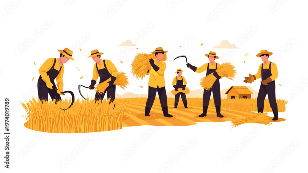 Obraz premium Harvest Harmony: Illustrating a group of farmers working in a field during harvest time, highlighting the collaboration and shared labor of the season. 