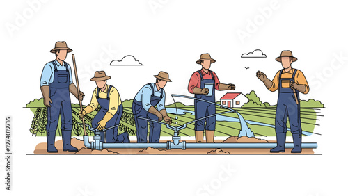 Cultivating Prosperity: Dedicated agricultural workers diligently manage irrigation systems, ensuring a bountiful harvest and thriving fields.