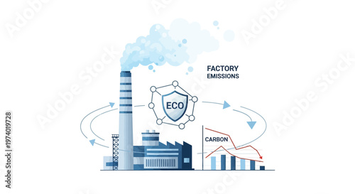 A vector illustration depicts industry embracing carbon reduction with a factory emitting less, showcased by a descending chart, all set against a clean white background