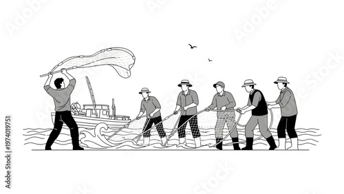 Fishermen pulling the net: A black and white illustration depicts a group of dedicated fishermen in a coordinated effort to haul their net from the sea.