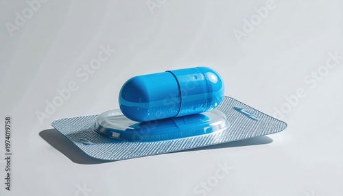 Blue capsule medication on a blister pack, medical concept.