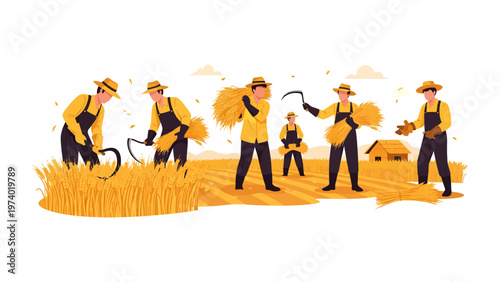 Harvest Harmony: Illustrating a group of farmers working in a field during harvest time, highlighting the collaboration and shared labor of the season. 