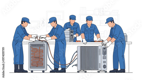 Team of Engineers Working Together: A dedicated team of engineers meticulously working, focused on the complex task of assembling and inspecting essential equipment, embodying diligence and expertise