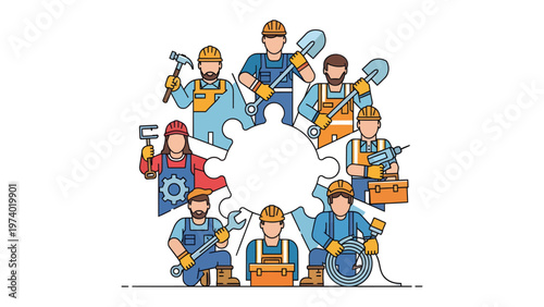 Building a Foundation: A dynamic illustration showing a diverse team of skilled construction workers assembling a jigsaw puzzle, symbolizing unity, collaboration.