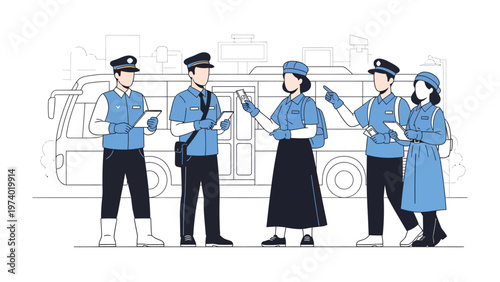 Public Transportation Crew Inspection: A group of transportation staff members, dressed in uniform, conduct an inspection of a public bus, ensuring safety and compliance within the city.