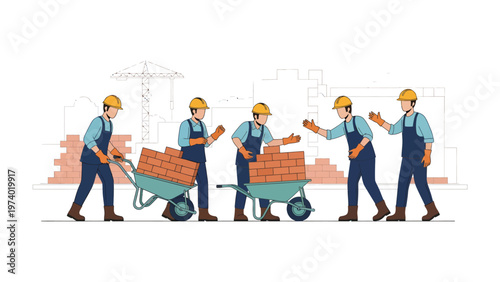 Building Bridges: A team of dedicated construction workers collaboratively build and transport bricks, showcasing teamwork and dedication in a project.