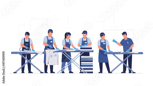 Precision in Every Crease: A team of skilled laundry professionals meticulously iron garments, showcasing their dedication and craftsmanship in maintaining pristine textiles.