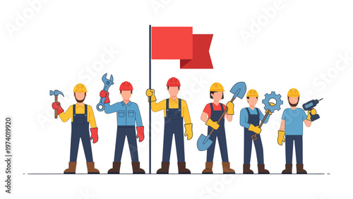 Builders Team Unite: A team of construction workers stand united, holding tools and a flag, symbolizing teamwork, progress, and building something great.