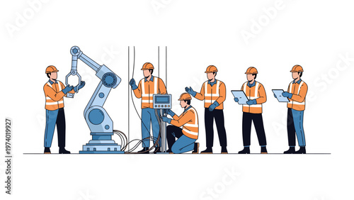 Automated Engineering Assembly: A team of skilled engineers meticulously collaborates, fine-tuning the intricate mechanics of an advanced robotic arm.