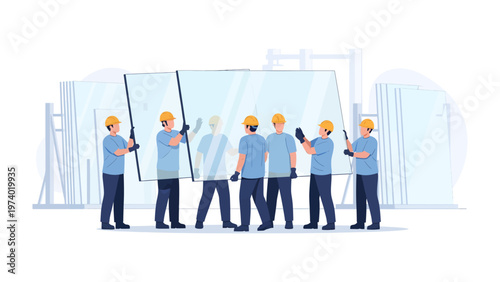 Team of workers and the construction of Glass: Illustrates a skilled team carefully maneuvering a large, transparent glass panel within a workshop. A testament to precision and teamwork.