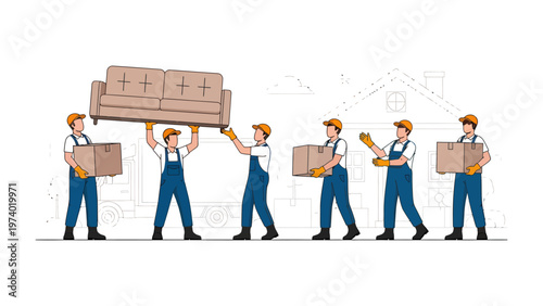 Moving Day: Professional movers collaborate with precision and care, hoisting a couch and handling moving boxes, embodying the essence of efficient relocation.