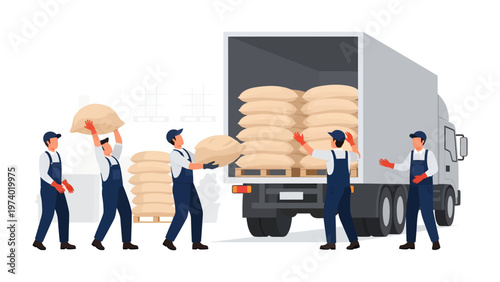 Logistics Efficiency: A group of diligent workers loads a semi-truck with stacked sacks, representing smooth operations and seamless transportation.