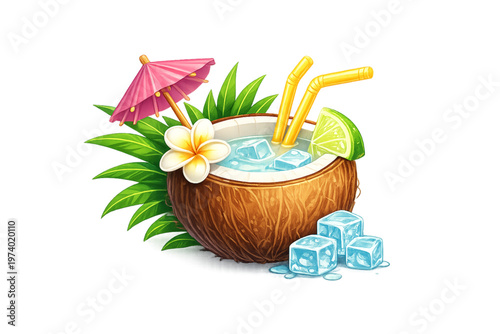 tropical coconut drink, coconut drink, vibrant garnish, tropical beverage, summer drink, fresh coconut, exotic drink, fruity cocktail, refreshing beverage, beach drink, tropical refreshment, coconut w