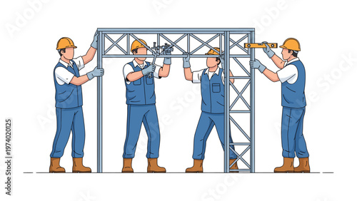 Construction Team at Work: A coordinated team of construction workers diligently assembling a metal frame, each member contributing their expertise to the project.
