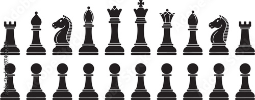 Chess pieces silhouettes set king queen rook bishop knight pawn board game icons