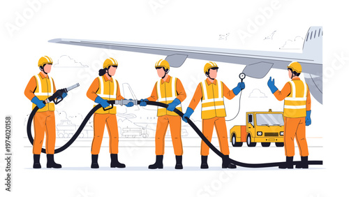 Aircraft Refueling: A team of skilled workers, dressed in bright safety gear, meticulously refuels a commercial airplane, ensuring safe and efficient operations, symbolizing expertise in aviation.