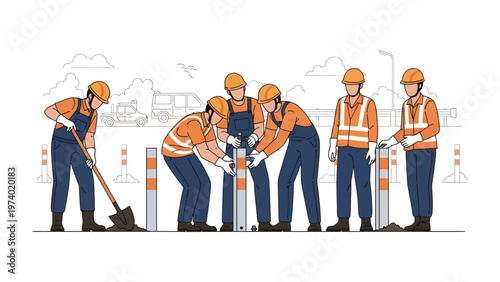 Construction Crew's Collaboration: A group of diligent construction workers diligently installing bollards on a city street, showcasing teamwork, precision, and a commitment to public safety.