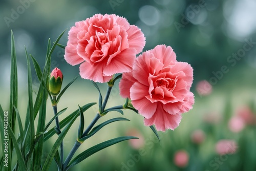 Pink carnation flowers blooming in a garden