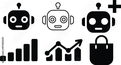 Three robots symbolizing growth, trends, and e-commerce with shopping bag