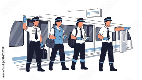Railway Workers at the Station: A group of dedicated railway workers stands ready, their professionalism and expertise at the heart of daily operations at a modern station setting.