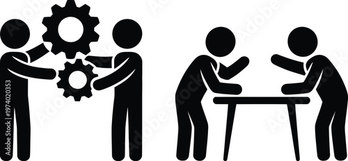 Collaboration and teamwork depicted through gear assembly and discussion icons