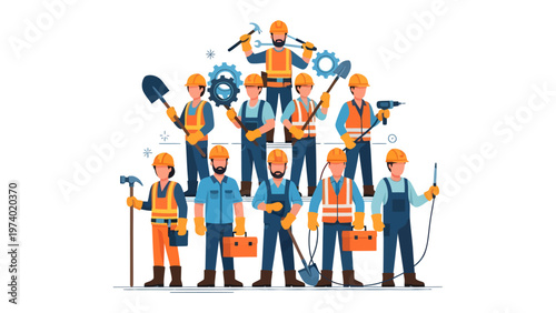 Construction Crew Collaboration: A dynamic construction team, diverse in skillset and united in purpose, stands together. Each individual, ready to tackle any project with determination.