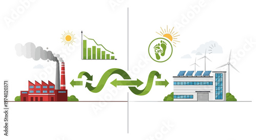 An industry vector illustration contrasts a carbon-emitting factory with a sustainable manufacturing plant using wind and solar power, alongside a declining chart and green arrows