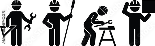 Four construction workers demonstrating different building and repair tasks