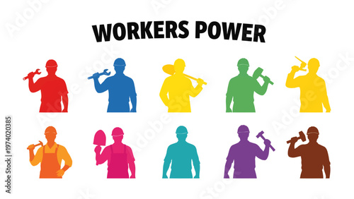 Workers Power: Silhouette of workers representing unity, solidarity, and the power of collective effort, with the words WORKERS POWER emblazoned above, symbolizing strength, labor, and industry.