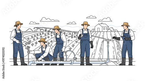 Farm Workforce at Work: A group of dedicated farmworkers is diligently tending to a thriving field, working in harmony to cultivate the land and ensure a bountiful harvest. 