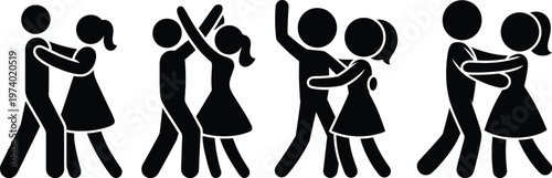 Illustrations of couples in various dance positions and body language expressions