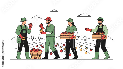 Harvesting the Orchard: A line of hardworking farmhands diligently gather the ripe, red fruit from the flourishing orchard, carrying wooden crates filled with apples.