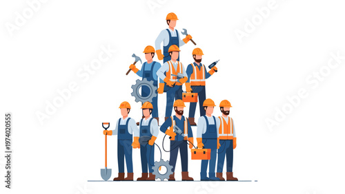 Construction Crew's Cohesion: A united workforce stands tall, each member a pillar of strength, their tools ready for the day's tasks, symbolizing industry's heart.