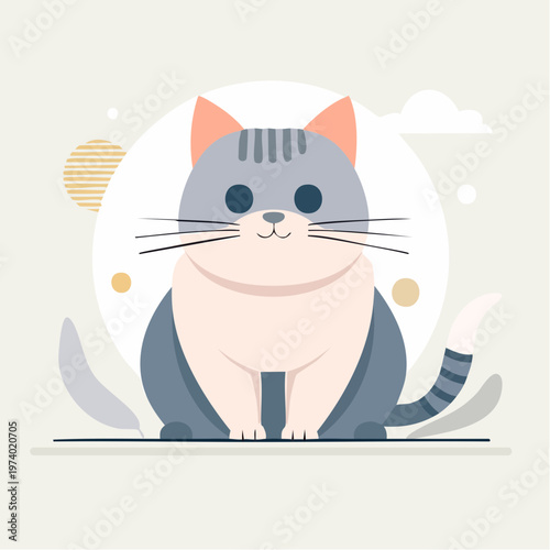 Adorable plump gray and white cat illustration with minimalist background, perfect for a cozy design