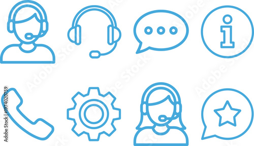 Illustrations of customer support and communication icons with headsets