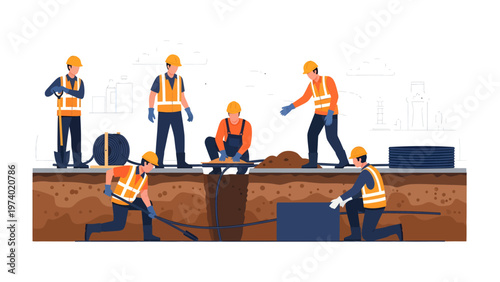 Construction Crew in Action: A team of construction workers is meticulously installing a pipeline or laying foundations, demonstrating teamwork and dedication to the construction trade.