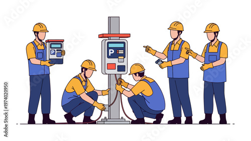 Parking Meter Installation: A team of construction workers diligently installs a new parking meter, their teamwork and expertise evident as they connect wires and ensure everything functions smoothly.