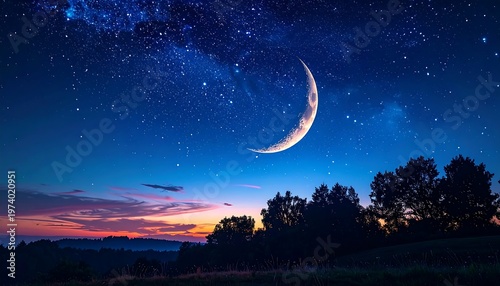 Night Skys Crescent Moon and Starry Landscape.