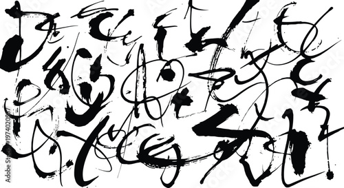 Abstract expressionist ink painting dynamic brushstrokes and chaotic energy in black and white