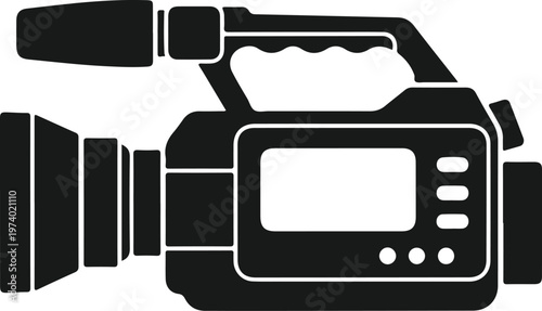 Black silhouette of a video camera, professional camcorder for recording, electronic device icon