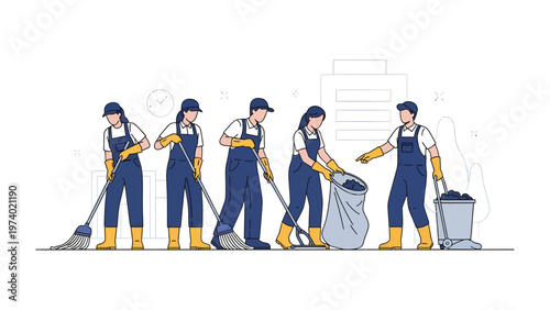 Clean Team at Work: A group of dedicated cleaning staff diligently working together in perfect synchrony to maintain a pristine environment, contributing to a cleaner future.