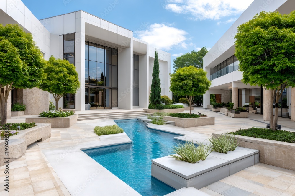 Fototapeta premium Modern office building architecture with tranquil water feature
