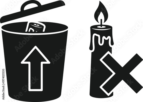 Discarded candle and trash bin with arrow symbol concept sign for waste disposal and prohibition