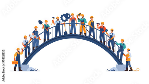 Constructive Unity: Construction workers stand proudly on a bridge, representing collaboration and progress. A visual metaphor of teamwork, building, and engineering.