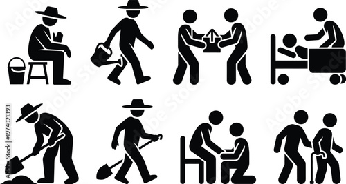 Daily life and healthcare activities illustrated through icons