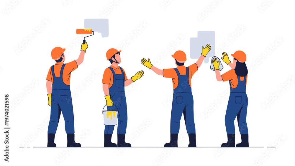 Obraz premium Team of Painters in Action: A dynamic team of skilled painters in uniform, meticulously transforming a surface with their brushes and rollers, embodying the essence of renovation and home improvement.