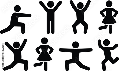 Collection of diverse stick figure poses in various dynamic movements