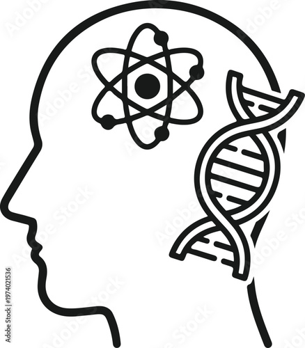 Human head silhouette with atom model and dna helix inside brain representing science knowledge research education