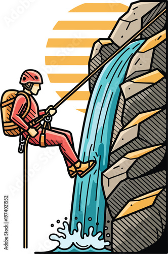 Dynamic vector illustration of a person rappelling a waterfall on a steep rocky cliff.