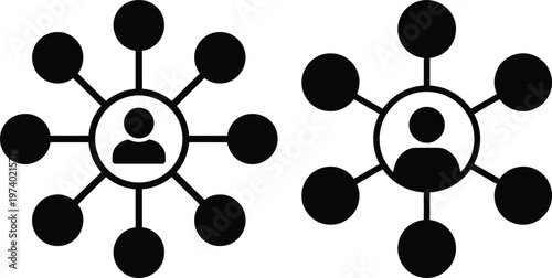 Two contrasting network diagrams illustrating different connectivity styles between a central figure and nodes